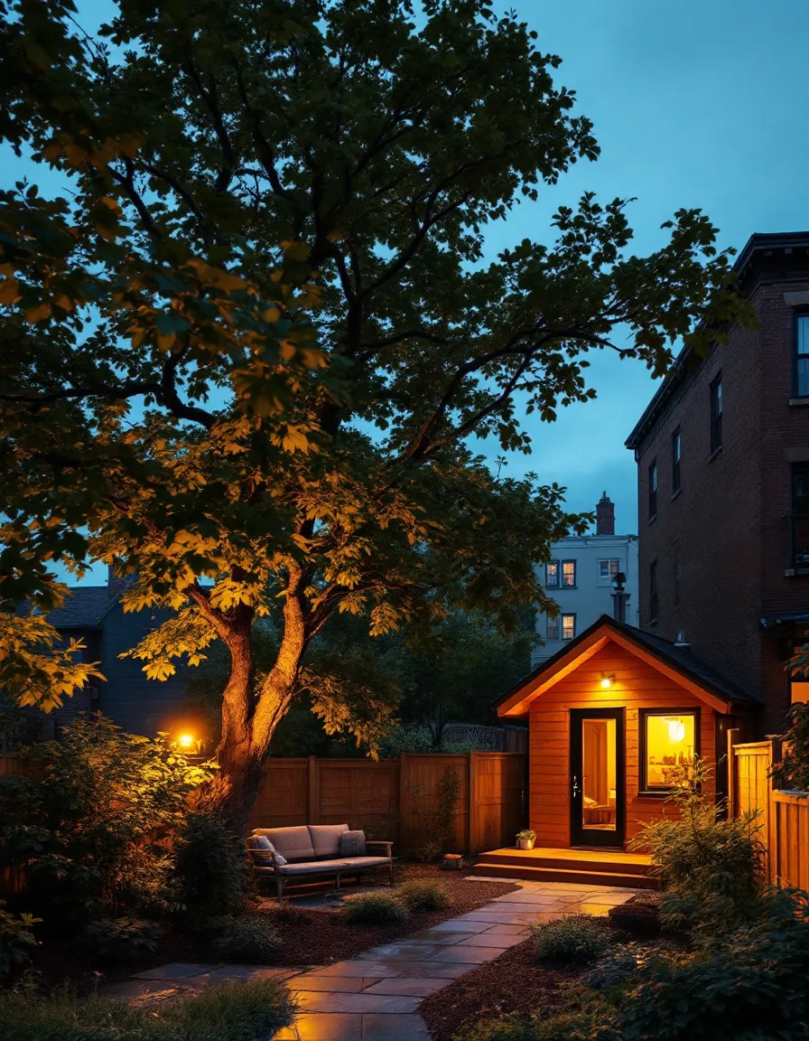 A small cedar cottage glowing at dusk at the back of a narrow backyard, an oak and a linden growing side by side next to it