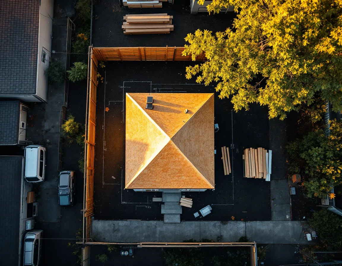Aerial view straight down onto a backyard lot with a newly framed small cottage at the rear, chalk lines on the soil and lumber stacked nearby